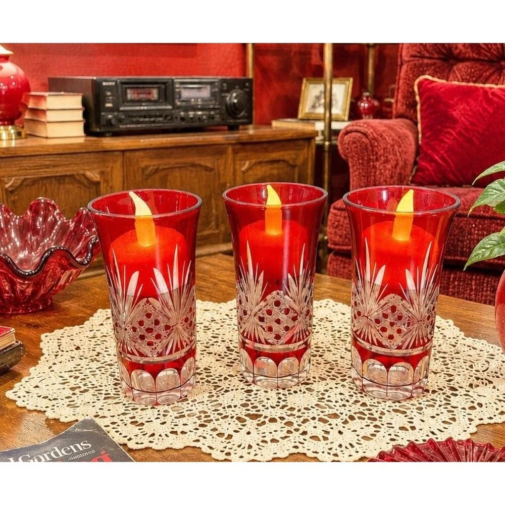 Lot Of 3 Vintage Ruby Cut To Clear Cordial Glasses Candle Holder Decor Displays